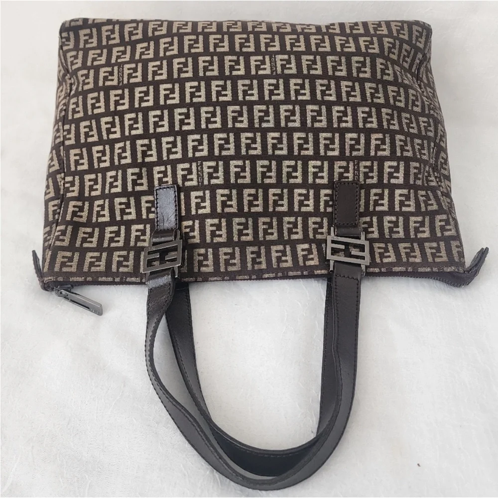Vintage Fendi Zucchino FF Monogram Canvas Tote Bag Brown Leather Trim Italy - Picture 2 of 10